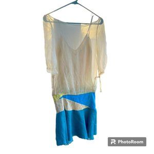 Diego Binetti Teal w Yellow & Cream 100% Silk Drop Waist Mini Tunic Dress wmns 2